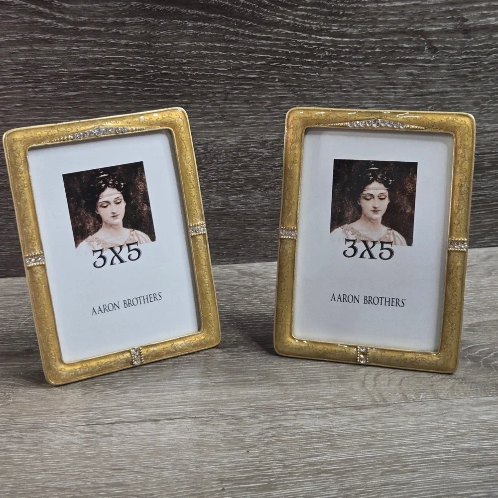 Lot of 2 Aaron Brothers Gold Enamel Rhinestone 3x5 Tabletop Picture Frame Pair